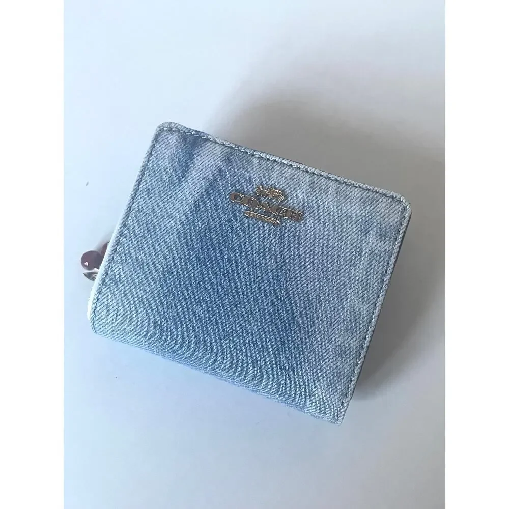 Coach Snap Wallet CEC35 Loved Denim Light Indigo Cherry Charm